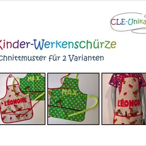 May include: Two children's aprons with pockets and personalized names. One apron is green with white polka dots and the other is beige with red strawberries. Both aprons have red trim.