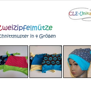 Puede incluir: Un patrón de costura para un gorro de dos puntas, llamado "Zweiipfelmütze" en alemán, con instrucciones para cuatro tallas. El patrón se muestra con diferentes opciones de tela, incluyendo un estampado de ballena azul y blanco, un estampado de lunares rosa y blanco, un estampado de ancla azul y blanco y un estampado de ballena marrón y blanco.