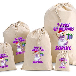 Personalised Purple Snowman Santa Sack & Gift Bags