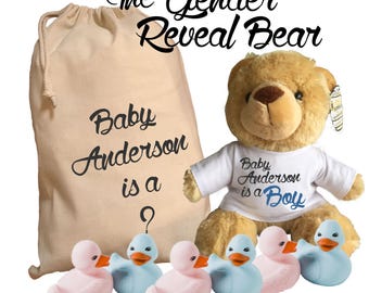 Personalised Gender Reveal Teddy Bear With Matching Gift Bag - Baby Anderson Design - Boy Girl