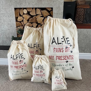 Bolsas de regalo y sacos de Papá Noel personalizados con el nombre de su perro - Alfie Design