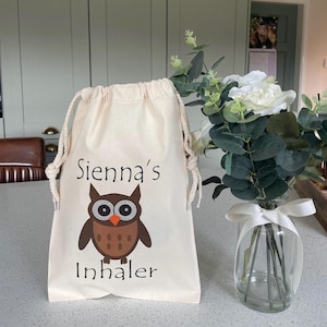 Personalised Inhaler Bag – Owl Design, Asthma Pouch for Kids, Custom Name Drawstring Bag, Medical Storage Gift