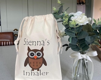 Bolsa de inhalador personalizada con forma de búho: bolsa para asma infantil, regalo médico con cordón