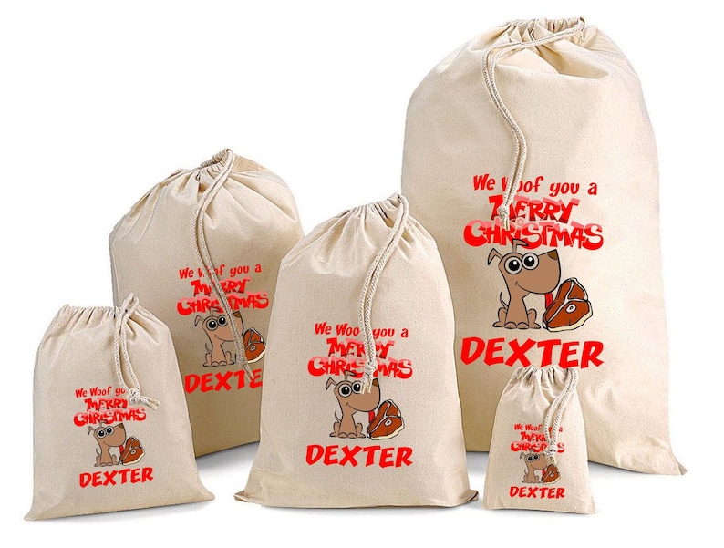 Personalised With Your Dogs Name Treat Gift Bags /& Santa Sacks We Woof You Design