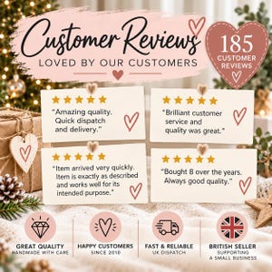 May include: A graphic display featuring the text Customer Reviews Loved By Our Customers and 185 Customer Reviews in a heart shape. Four white cards show five-star ratings and positive feedback, with icons for quality, happy customers, fast dispatch, and a British seller.