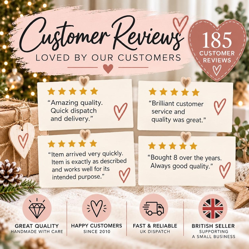May include: A graphic display featuring the text Customer Reviews Loved By Our Customers and 185 Customer Reviews in a heart shape. Four white cards show five-star ratings and positive feedback, with icons for quality, happy customers, fast dispatch, and a British seller.