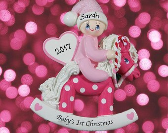 Decoración navideña personalizada - Diseño de caballo balancín - Bebé niño y niña