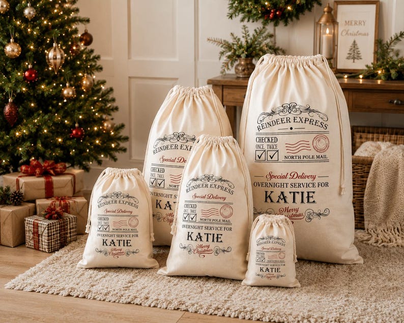 May include: A set of five off-white drawstring canvas bags in varying sizes, each printed with black and red text reading Reindeer Express, Special Delivery, Checked Once Twice, North Pole Mail, and the name Katie in large letters.