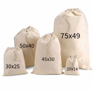 May include: Five natural cotton drawstring bags in various sizes. The bags are labeled with their dimensions in inches: 30x25, 50x40, 45x30, 20x14, and 75x49.