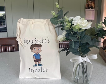 Bolsa de inhalador para niños · Nombre personalizado · Bolsa de algodón para el asma · EDWARD
