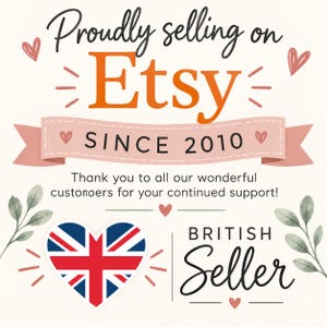 May include: A graphic sign with the text Proudly selling on Etsy SINCE 2010, Thank you to all our wonderful custonoers for your continued support!, and BRITISH Seller. Features a heart-shaped Union Jack flag, small red hearts, and green leaves.