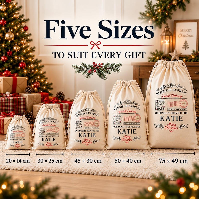 May include: Five off-white drawstring gift bags in various sizes, ranging from 20x14 cm to 75x49 cm. Each bag features a printed Reindeer Express design with the name Katie, a North Pole stamp, and Merry Christmas text in red and black ink.