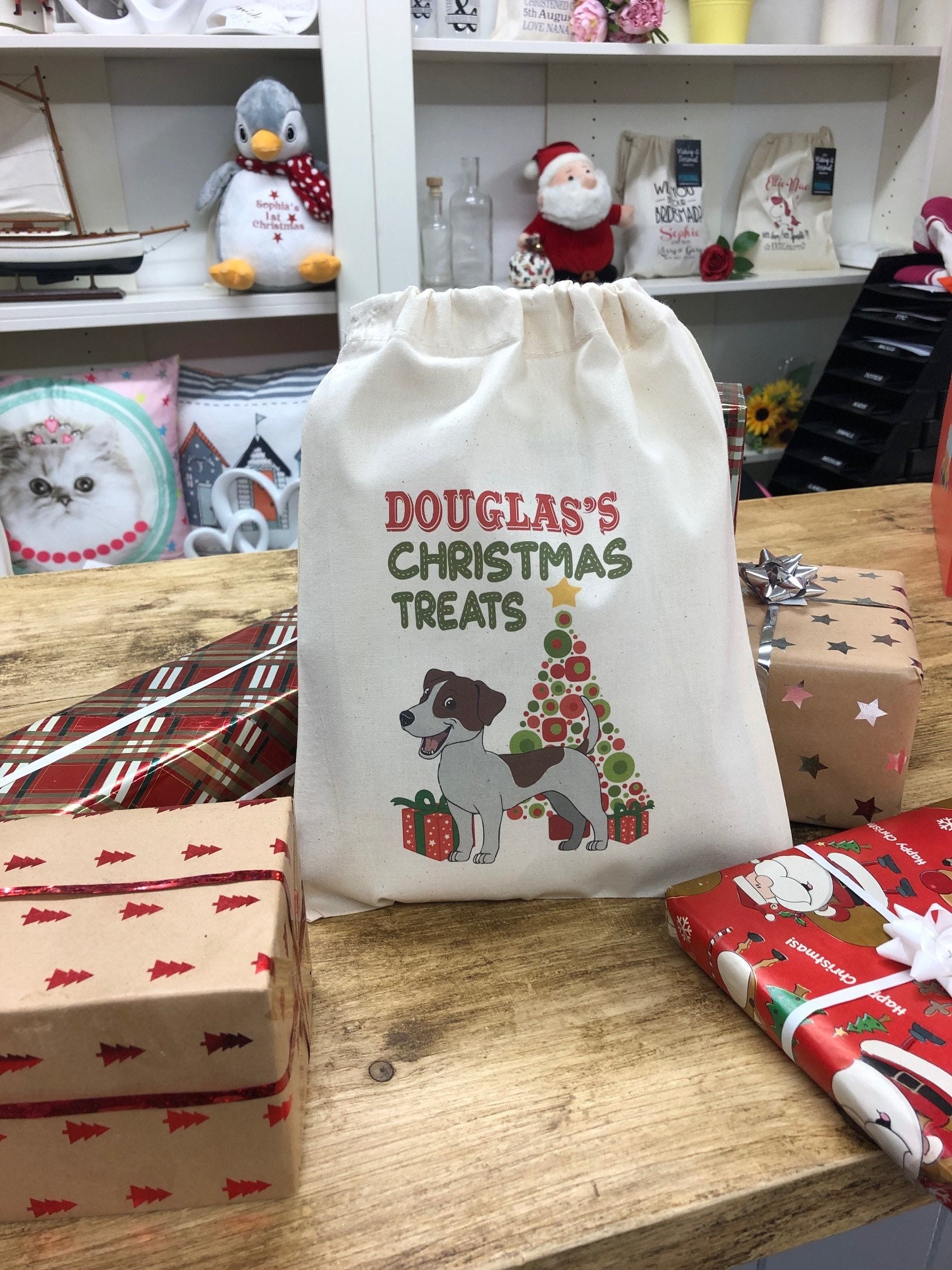 Personnalisé jack russell chien chiot de noël traiter santa de noël sac pet stocking Personnalisé jack russell chien chiot de noël traiter santa de noël sac pet stocking