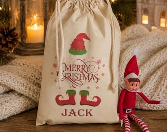 Personalised Elf Santa Sack, Christmas Gift Bag with Name, Cotton Drawstring Present Sack - Jack