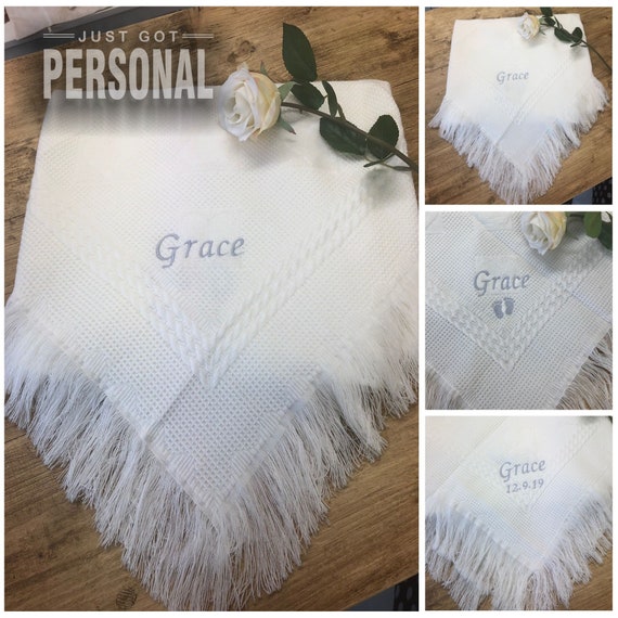 Personnalisé Babys baptême Châle brodé argent grande croix