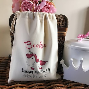 Personalised Unicorn Birthday Gift Bag - Cotton Drawstring Bag Various Sizes Available Beckie Design