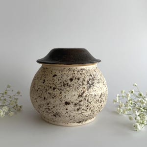 May include: A round ceramic jar with a speckled cream and dark brown finish, featuring a smooth, dark brown lid that sits flush on top. The vessel has a wide, bulbous body that tapers slightly toward the opening, creating a distinct silhouette.