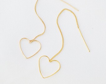 Gold heart threader earrings | Gold plated lightweight drop earrings