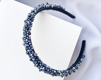 Sparkly navy blue headband | Crystal beads embroidered headband | wedding guest hair accessories