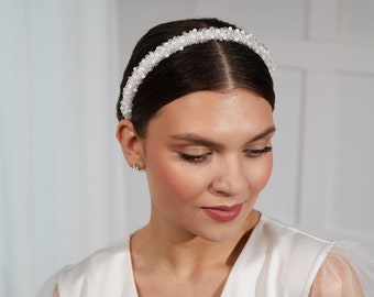 Diadème de mariage en perles blanches scintillantes | Serre-tête blanc brodé pour la mariée