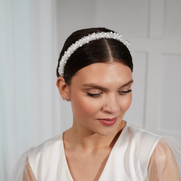 Sparkly crisp white beaded wedding tiara | White bridal embroidered headband