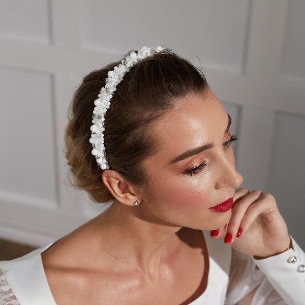 Diadema nupcial, tiara de cristal blanco, tiara nupcial, tocado de novia, accesorios para el cabello de novia, diadema de perlas, diadema de boda