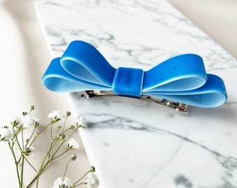 Soft velvet bow barrette clip, bright blue ribbon bow, clip for fine hair, clip for thick hair, fun bridesmaids hair accessories