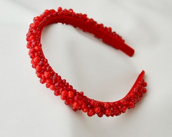 Red hand embroidered sparkly tiara | crystal embroidered headband