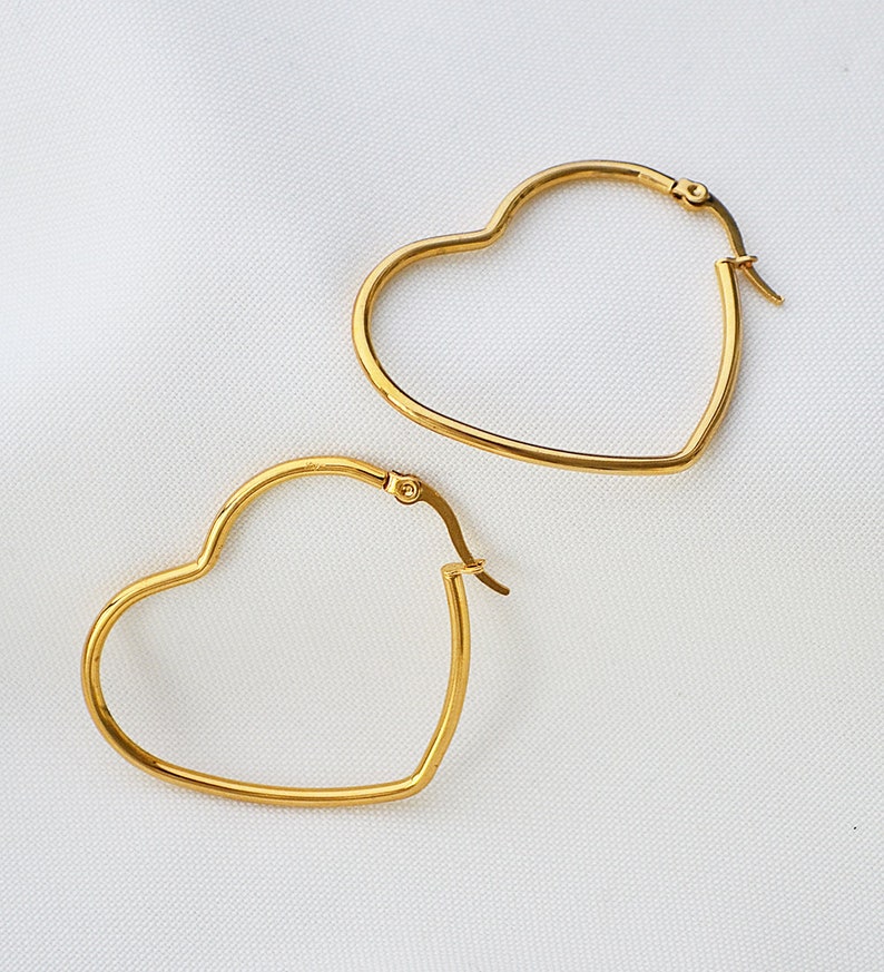 Gold heart hoop earrings Stainless steel Hypoallergenic earrings Valentine's gift for her image 2