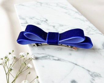 Navy blue back to school hair clip, luxury velvet ribbon bow hair barrette clip, french barrette for fine and thick hair type
