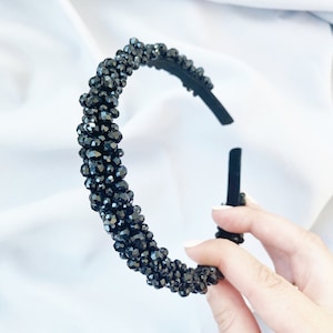 Diadème noir perlé scintillant | bandeau brodé de cristaux