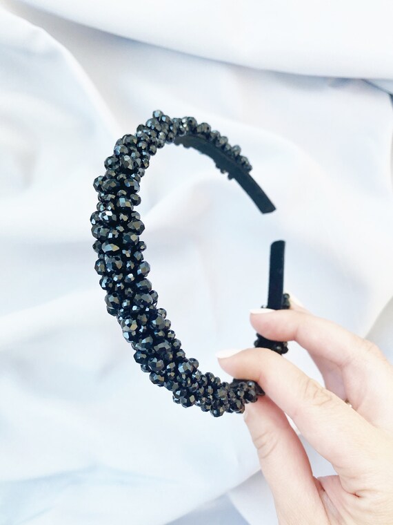Black crystal bead tiara headbands party Amazon.com : Teyglen Bridal Black Crystal Headband Handmade  main image 3