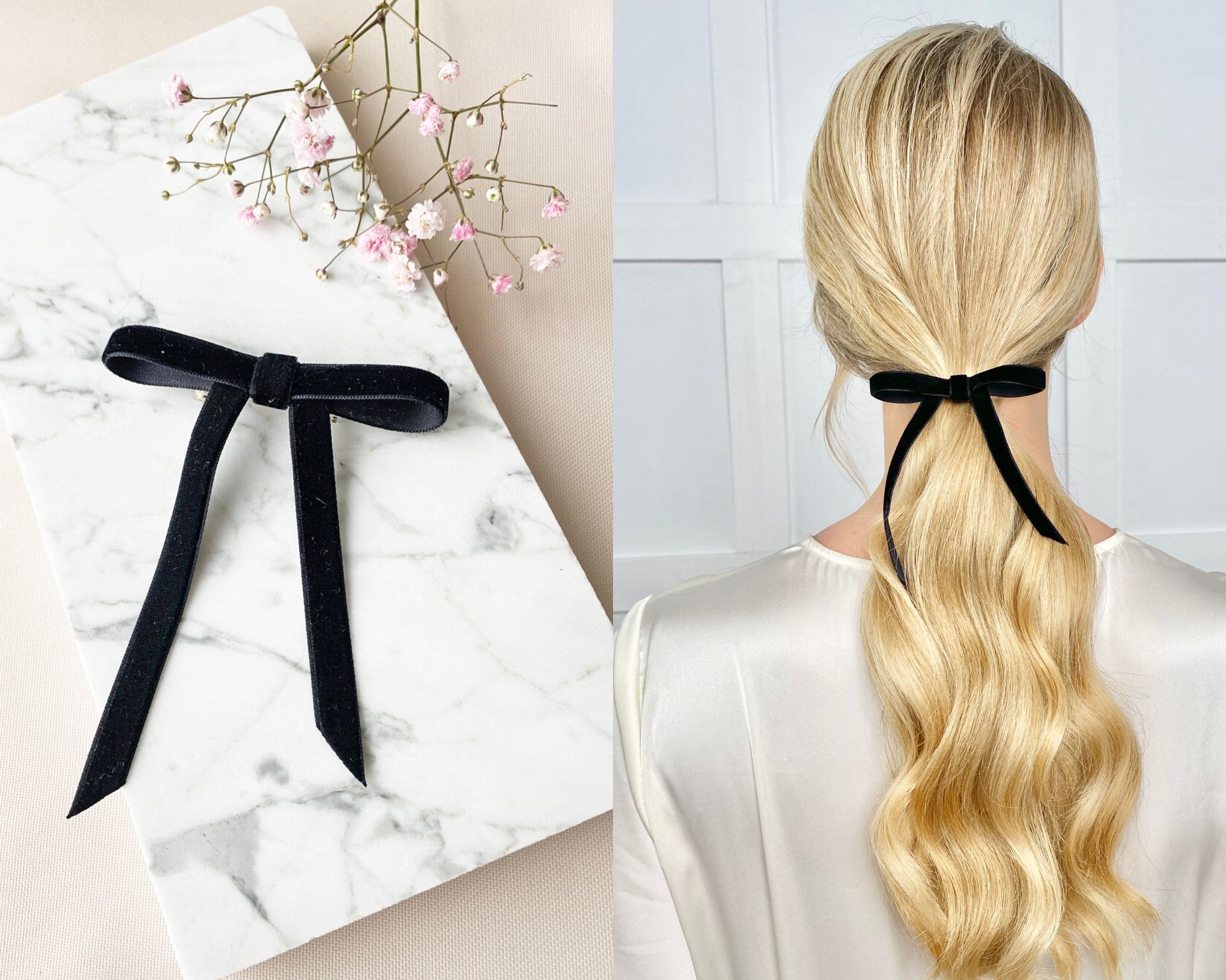 ブラックリボンバレッタ ヘアアクセサリー Eyelet Bow Barrette Classic Black Bow Clip, Barrette Clip Bow of Luxury Velvet