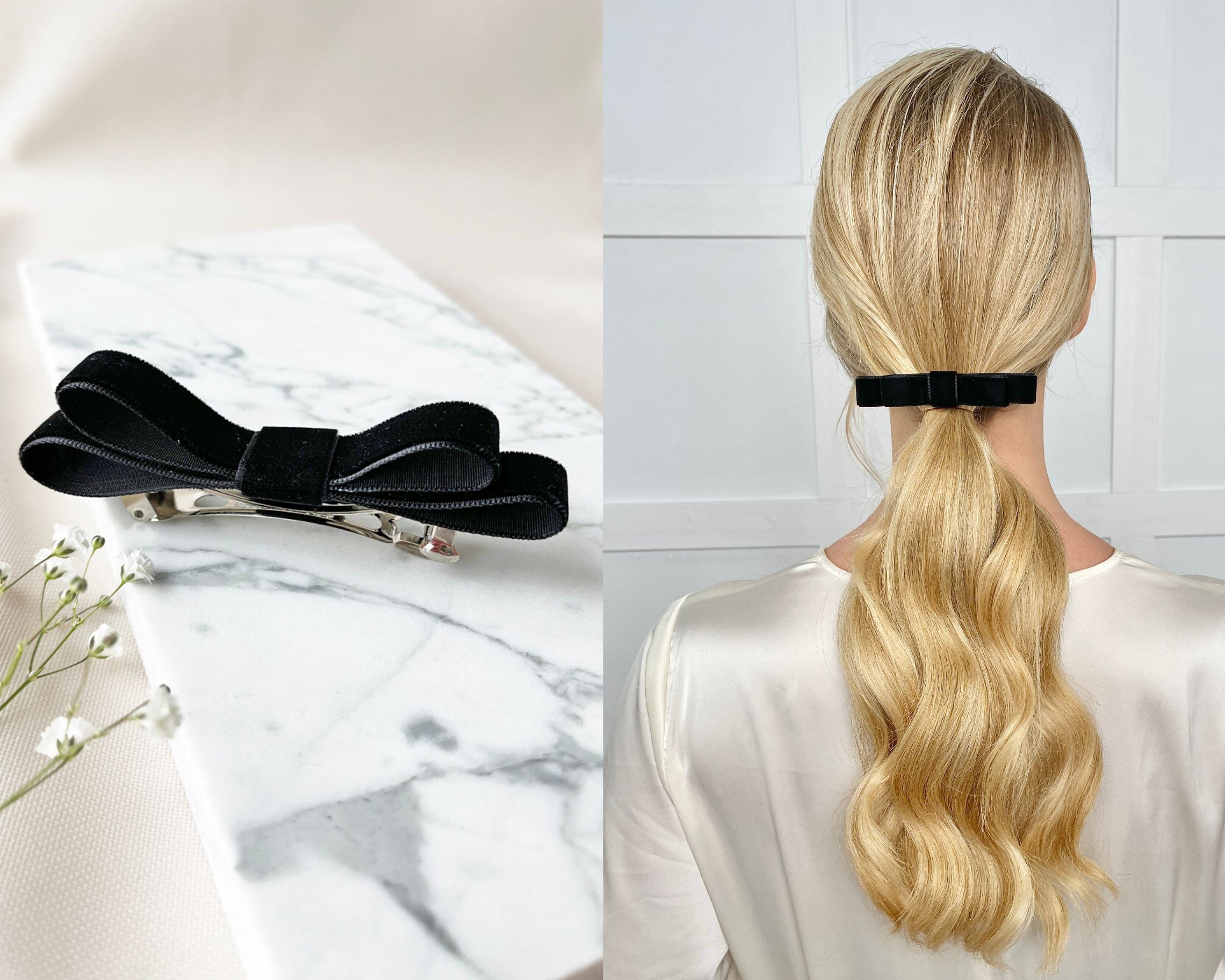 Classic black bow clip, velvet ribbon bow barrette clip, dark academia,  minimalist and stylish hair accessories