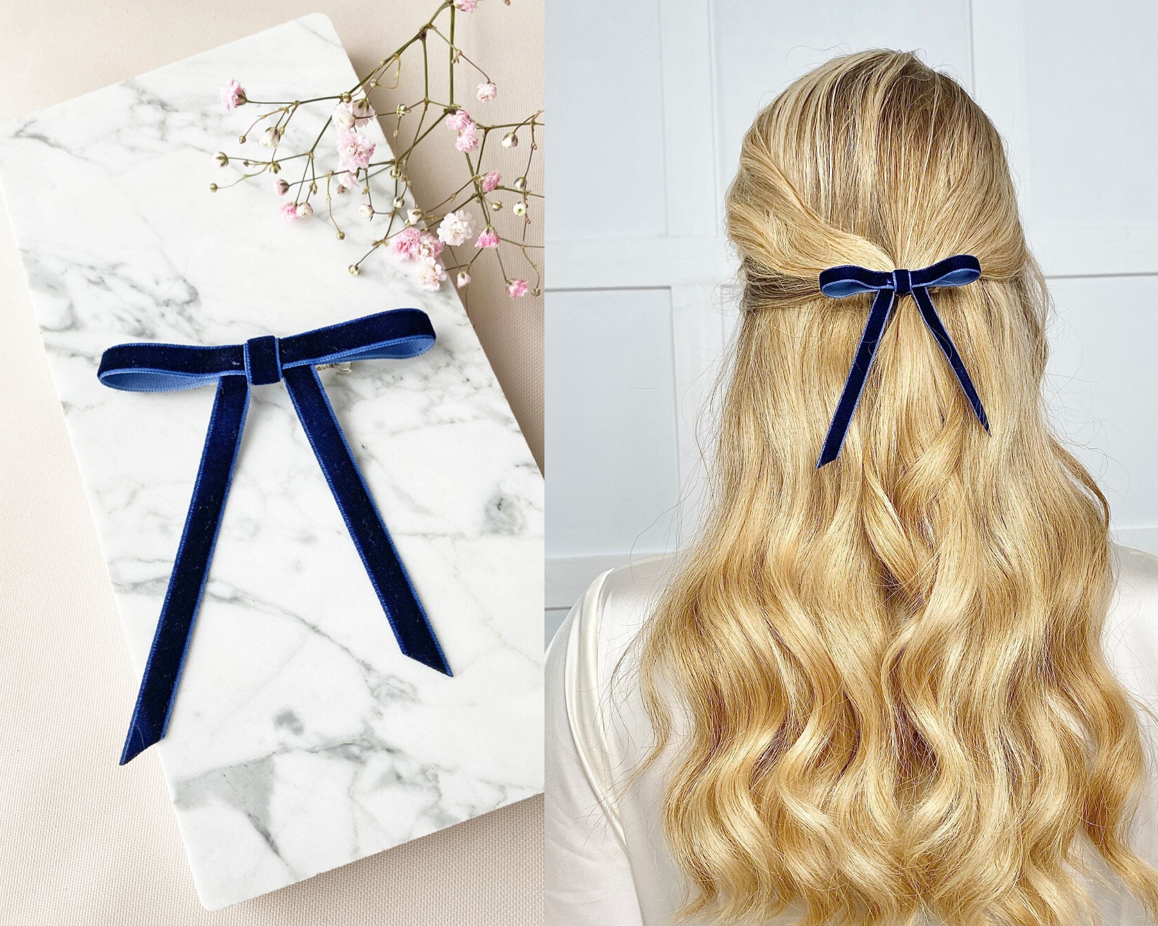 Navy Blue School Girl Bow Hair Clip, Velvet Ribbon, Barrette Clip