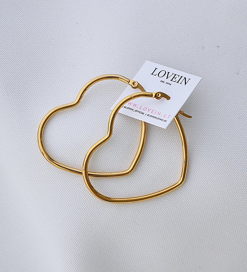 Gold heart hoop earrings Stainless steel Hypoallergenic earrings Valentine's gift for her image 3