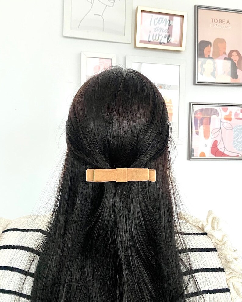 Velvet bow clip, light brown ribbon for fine and thick hair, french barrette clips for thin hair, accessories for bridesmaids image 2