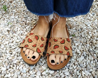 Watermelon - covers for the 'Ethical Magic Sliders' made of cork fabric. For your vegan upcycled sandals!