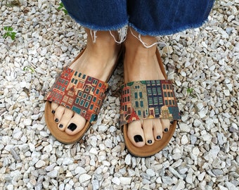 Urban Rainbow - covers for the 'Ethical Magic Sliders' made of cork fabric. For your vegan upcycled sandals!