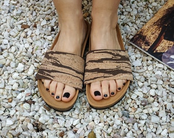 Tree skin covers for the 'Ethical Magic Sliders' made of cork fabric for your upcycled sandals