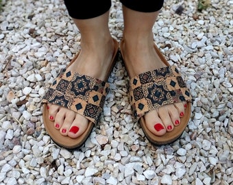 Blue mosaic print 'covers' accessories for the 'Ethical Magic Sliders' made of cork fabric for your upcycled sandals