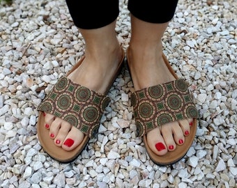 Green mosaic print covers for the 'Ethical Magic Sliders' made of cork fabric for your upcycled sandals