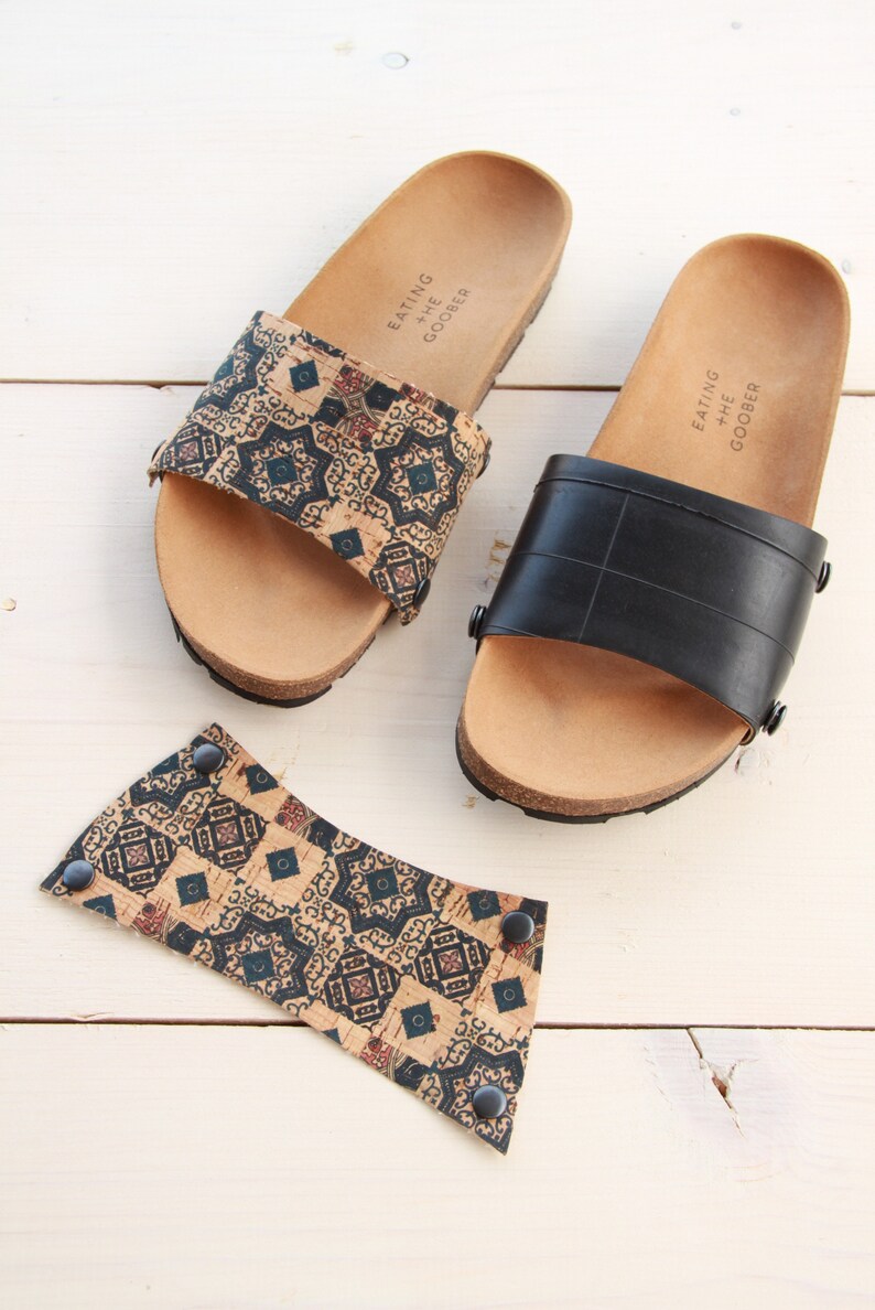 Blue mosaic print 'covers' accessories for the 'Ethical Magic Sliders' made of cork fabric for your upcycled sandals image 2