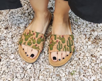 New: 'Cactus'  covers for the 'Ethical Magic Sliders' made of cork fabric. For your vegan upcycled sandals!