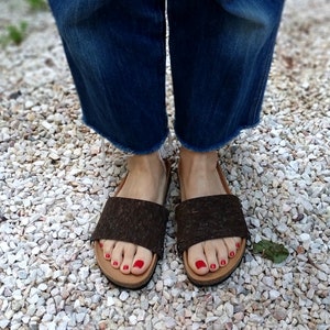 Brown cork fabric covers for the &#39;Ethical Magic Sliders&#39; made of cork fabric for your upcycled sandals