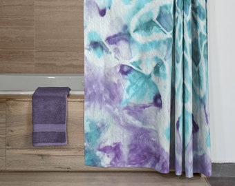 Tie Dye Shower Curtain, Blue Bathroom, Purple Accent, Turquoise Teal Bath Curtain, 71x74 inches Washable Fabric Bathroom Decor