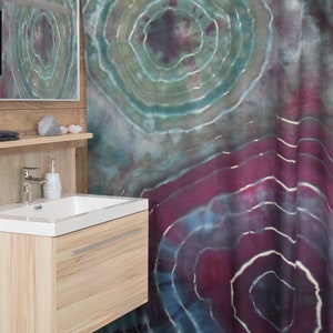 Tie Dye Shower Curtain, Tie Dye Bathroom, Purple Bathroom, Green Shower Curtain, Geode Tie Dye, Washable Fabric Bath Curtain image 2