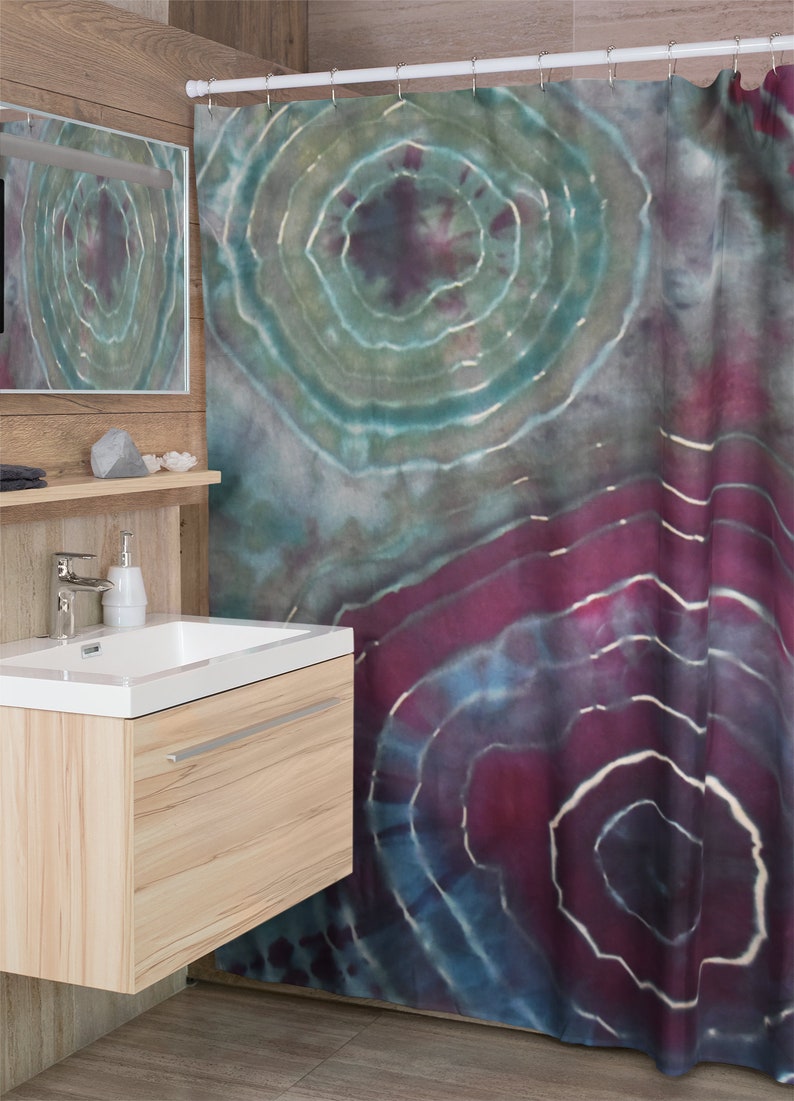 Tie Dye Shower Curtain, Tie Dye Bathroom, Purple Bathroom, Green Shower Curtain, Geode Tie Dye, Washable Fabric Bath Curtain image 2
