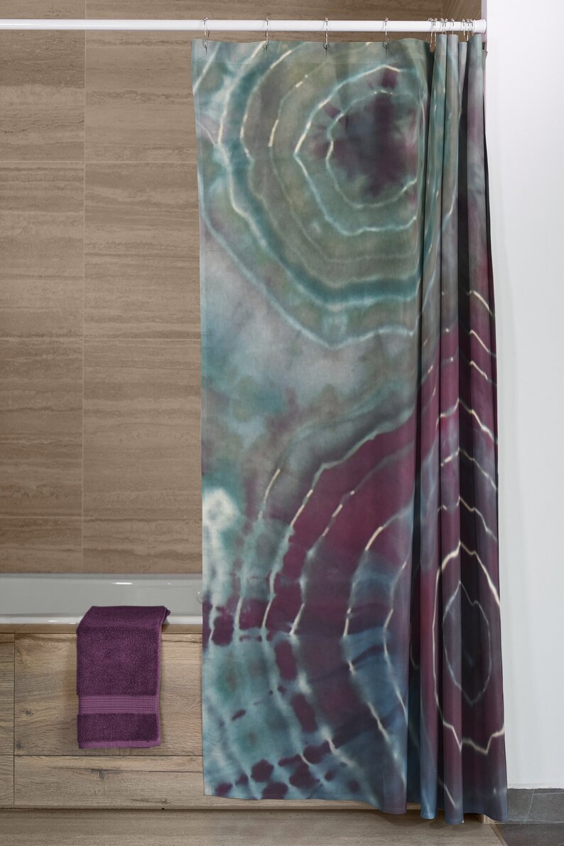 Tie Dye Shower Curtain, Tie Dye Bathroom, Purple Bathroom, Green Shower Curtain, Geode Tie Dye, Washable Fabric Bath Curtain image 1