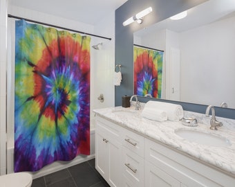 Tie Dye Shower Curtain    Hippie Rainbow Spiral Decorative  71x74 inches Washable Fabric Bathroom Decor